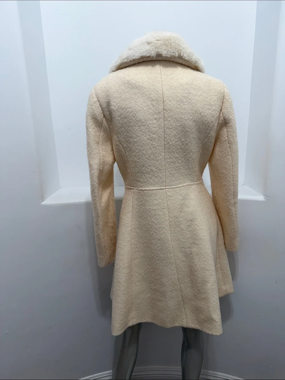 INC International Concepts S Ivory Wool Blend Faux Fur Collar Zip Coat